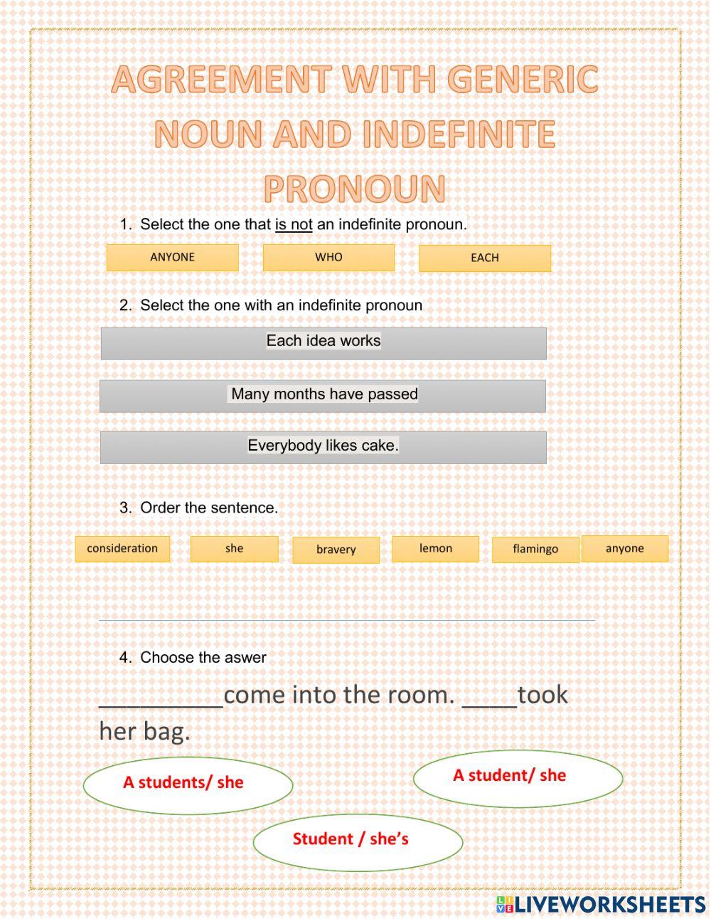 AGREEMENT WITH GENERIC NOUN AND INDEFINITE PRONOUN