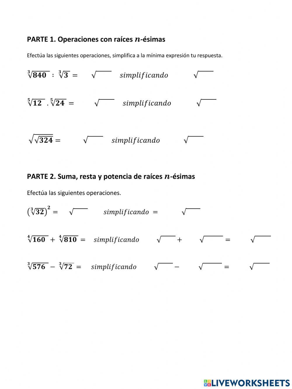 Operaciones con Raíces n-ésimas