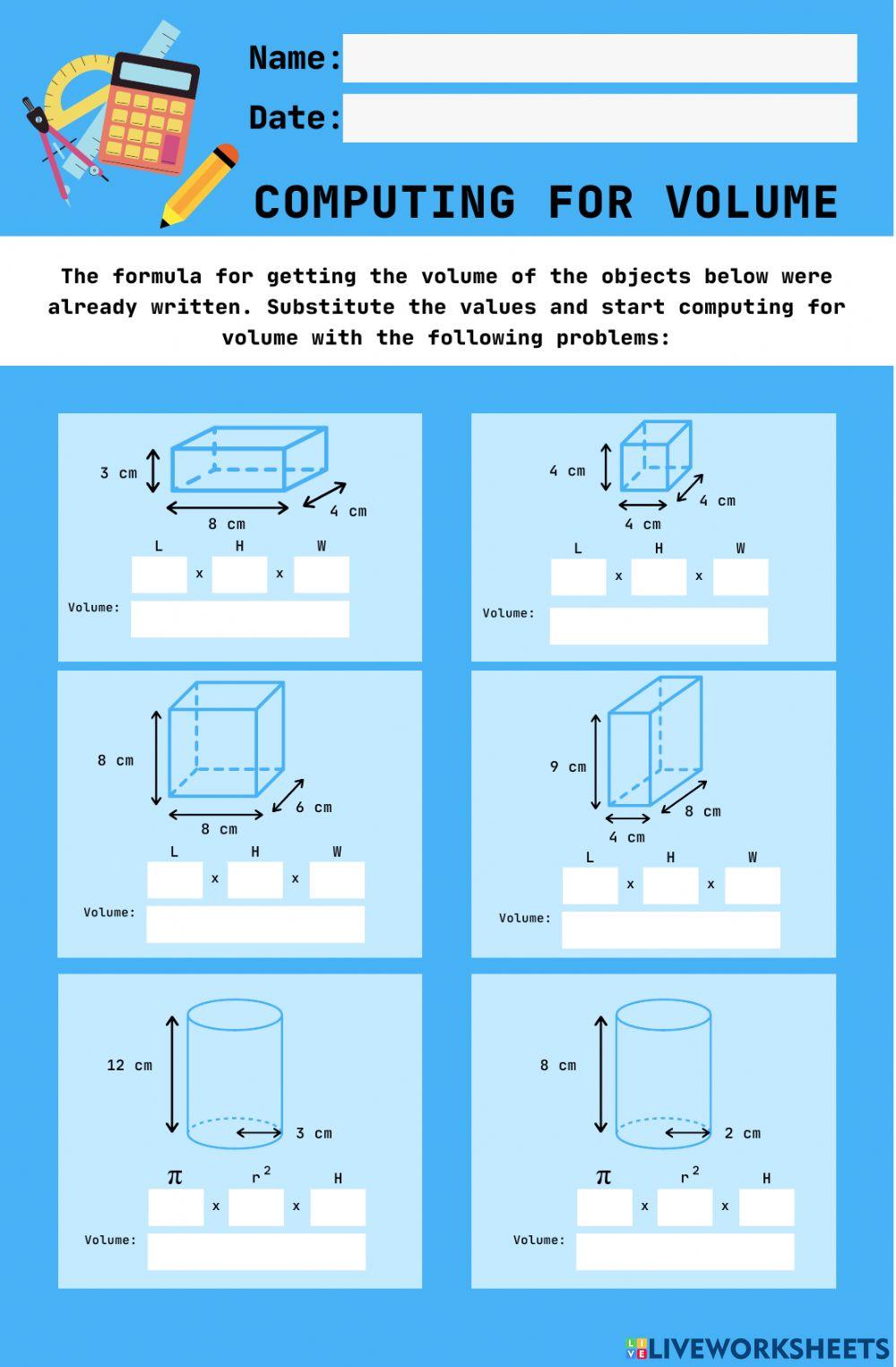 Volume Calculation Worksheet (Grade 5)