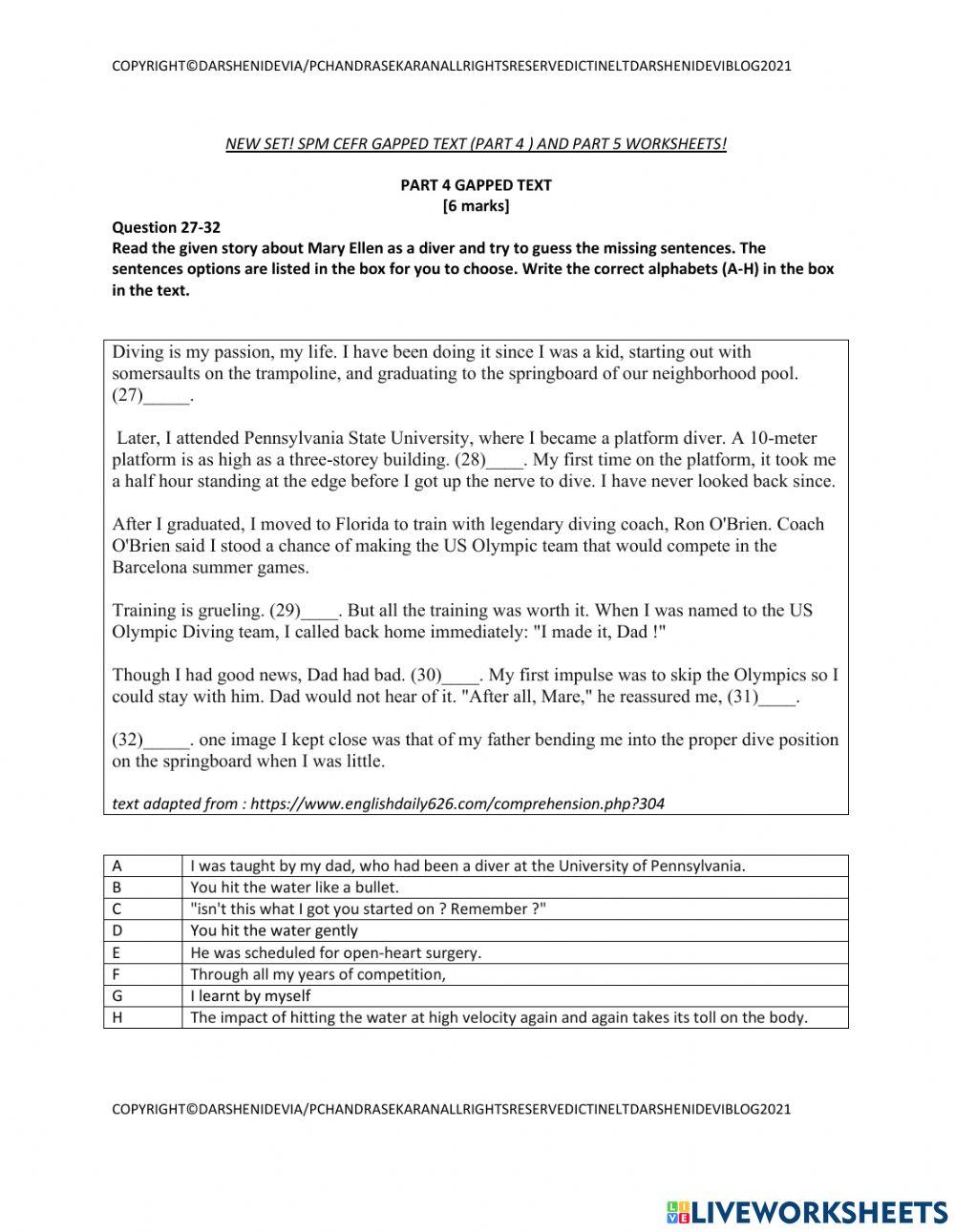 Spm cefr reading paper part 4 gapped text and part 5 new worksheets