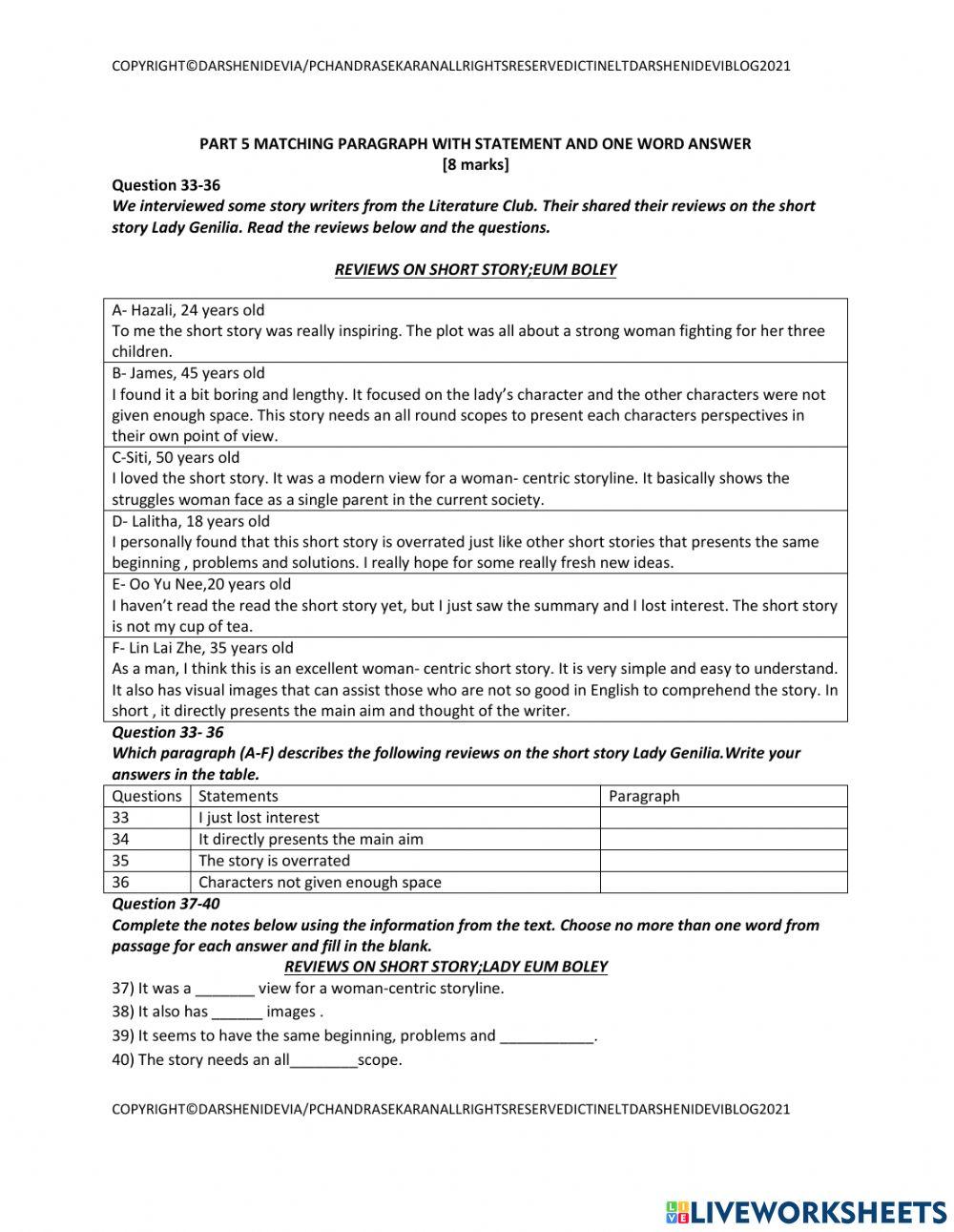 Spm cefr reading paper part 4 gapped text and part 5 new worksheets