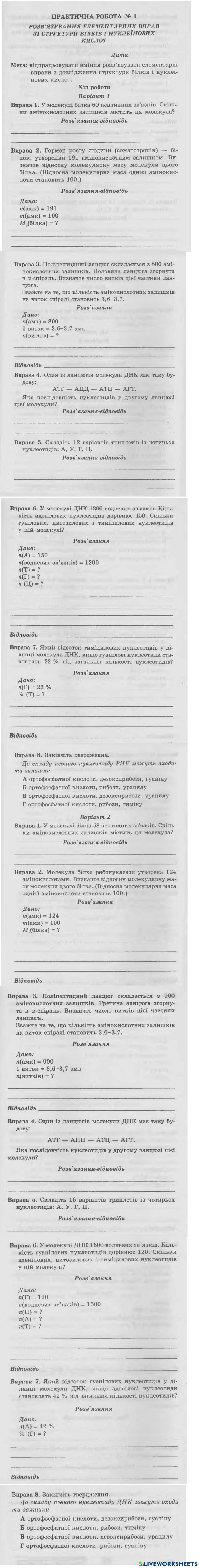 Розв'язування елементарних вправ зі стрктури білків і нуклеїнових кислот