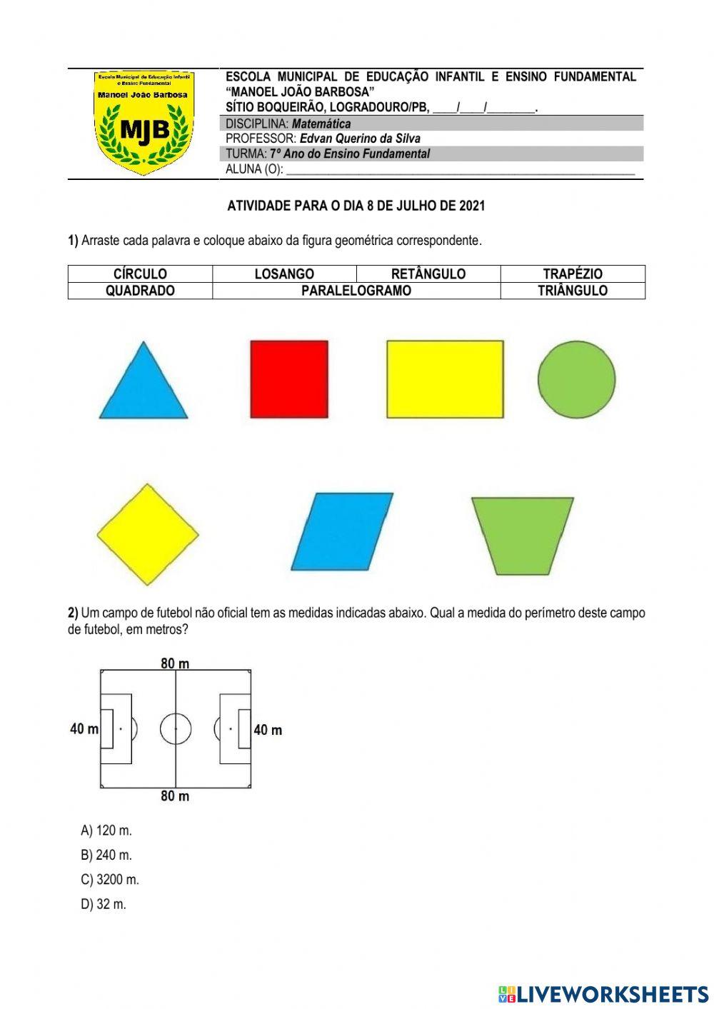Perímetro, Área e Volme de Figuras Geoméricas