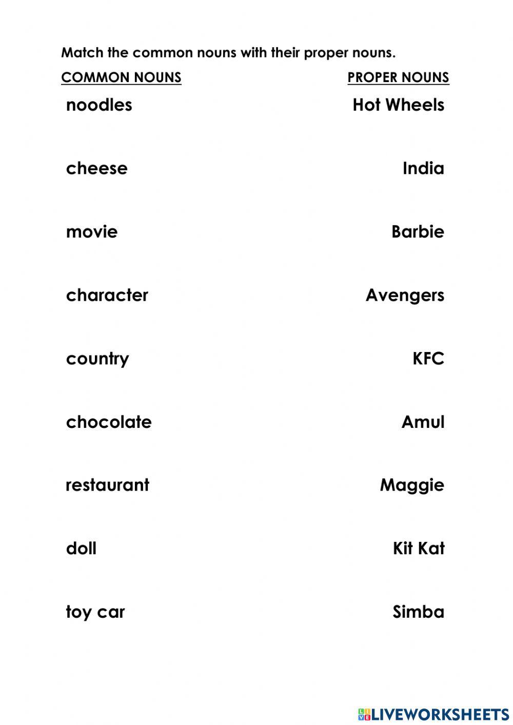 Matching- Common noun and Proper noun Matching- Common noun and Proper noun