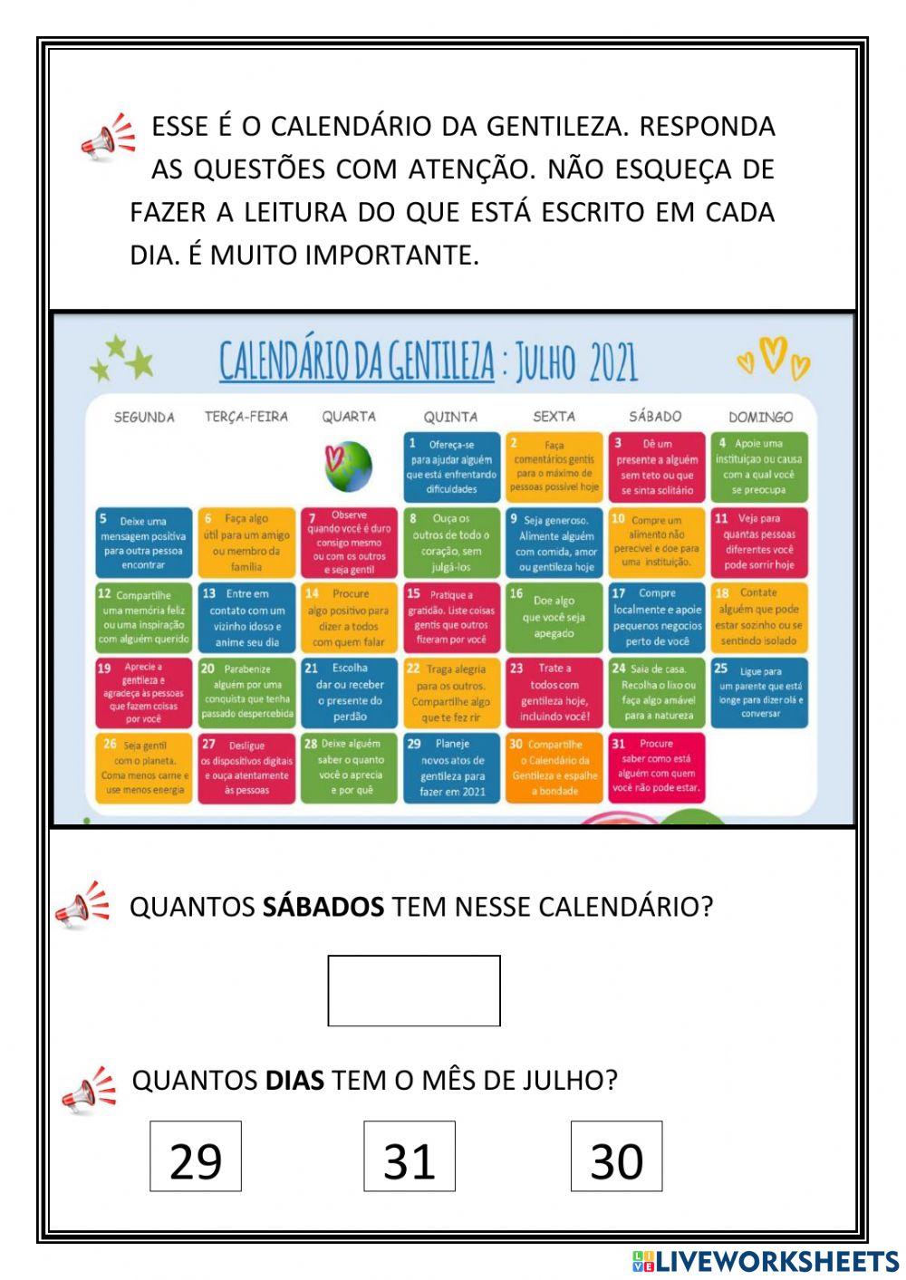 Calendário de julho worksheet