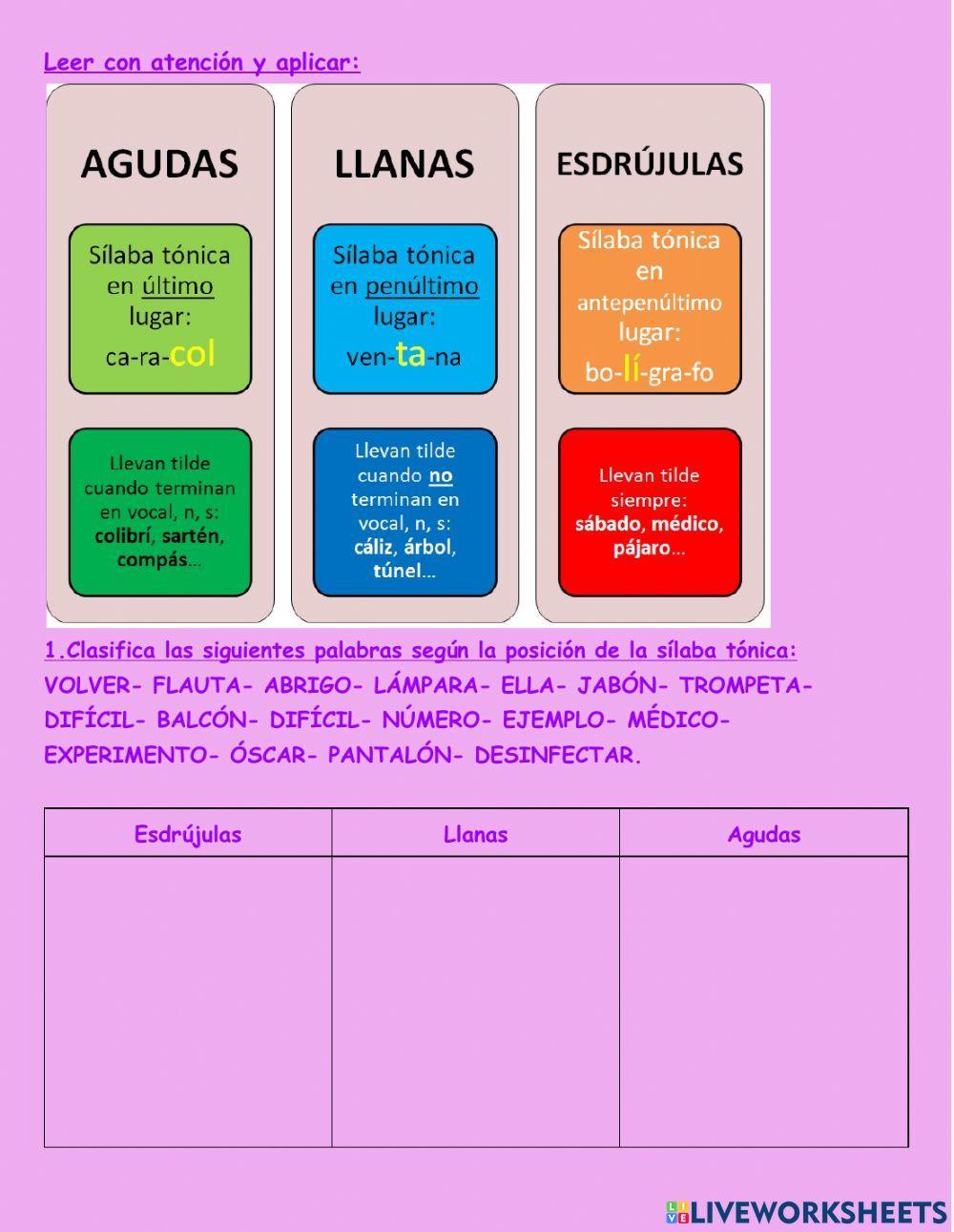REPASO agudas, llanas y esdrújulas