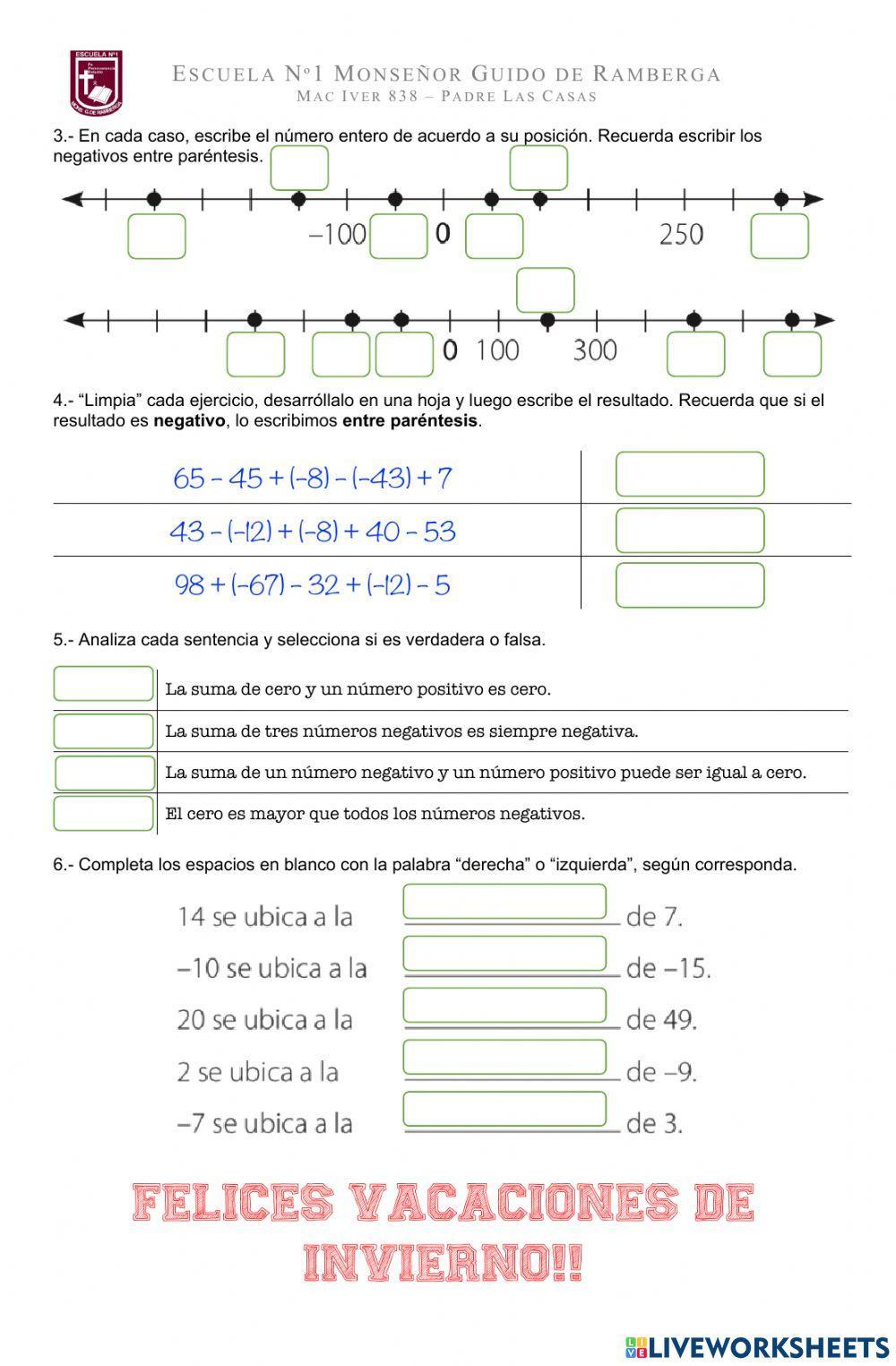 Evaluación números enteros