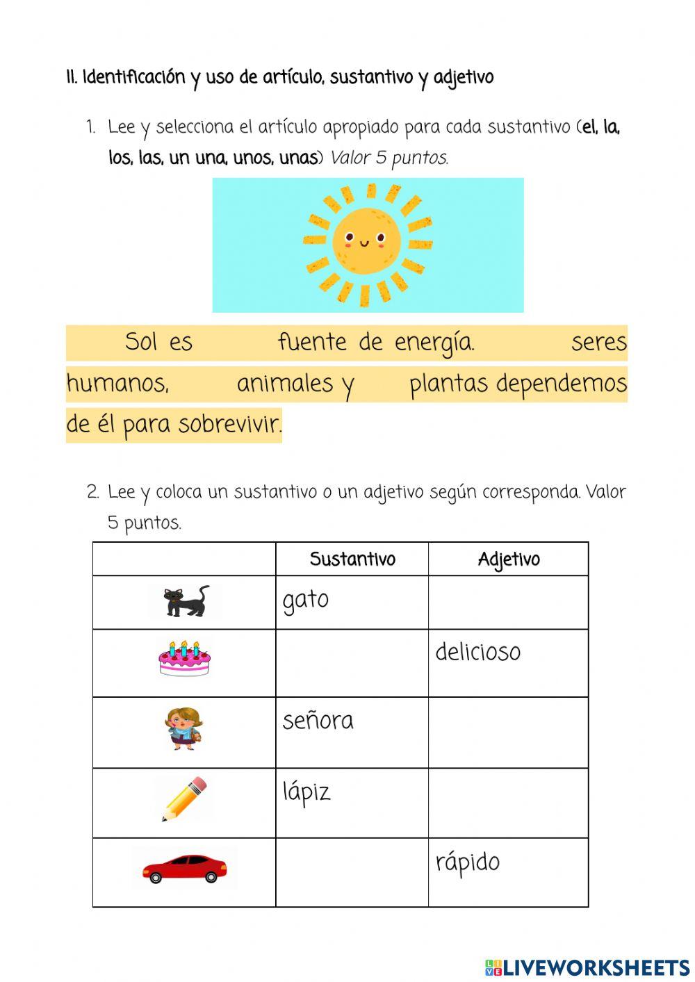 Ejercicio Sustantivo, Adjetivo y Articulo