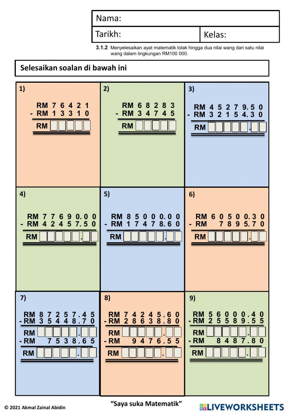 3.1.2  Menyelesaikan ayat matematik tolak hingga dua nilai wang dari satu nilai wang dalam lingkungan RM100 000.