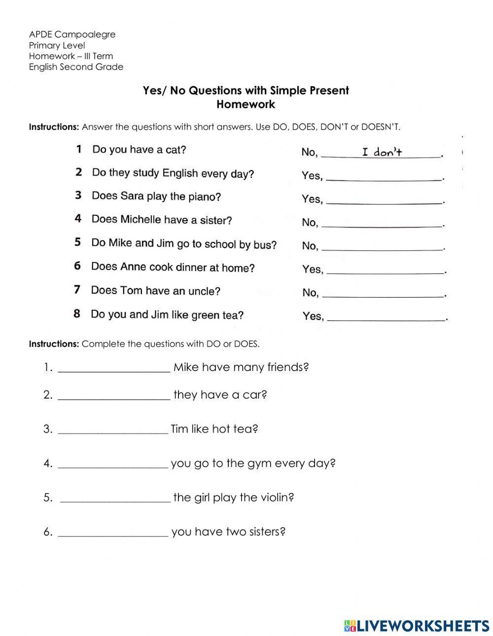Yes no questions simple present homework Yes no questions simple present homework