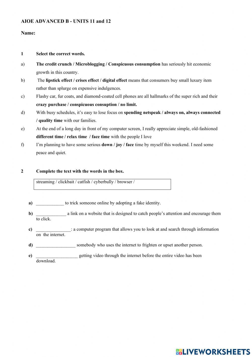 AIOE Advanced B UNIT 11 and 12
