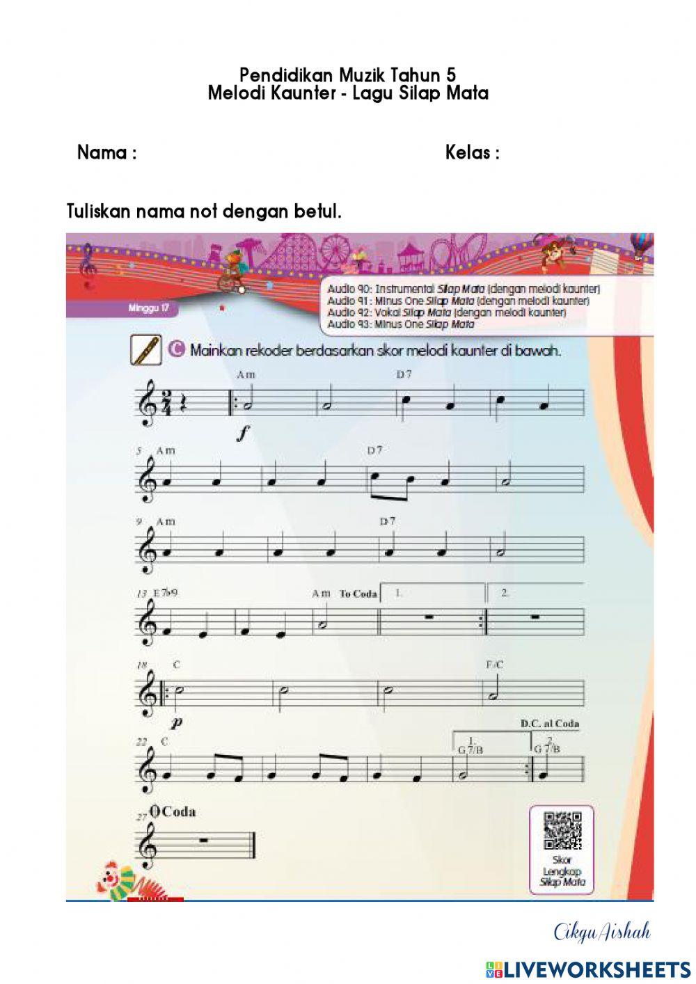 Melodi Kaunter - Lagu Silap Mata (Not B,A,G,C',D',E ,F)