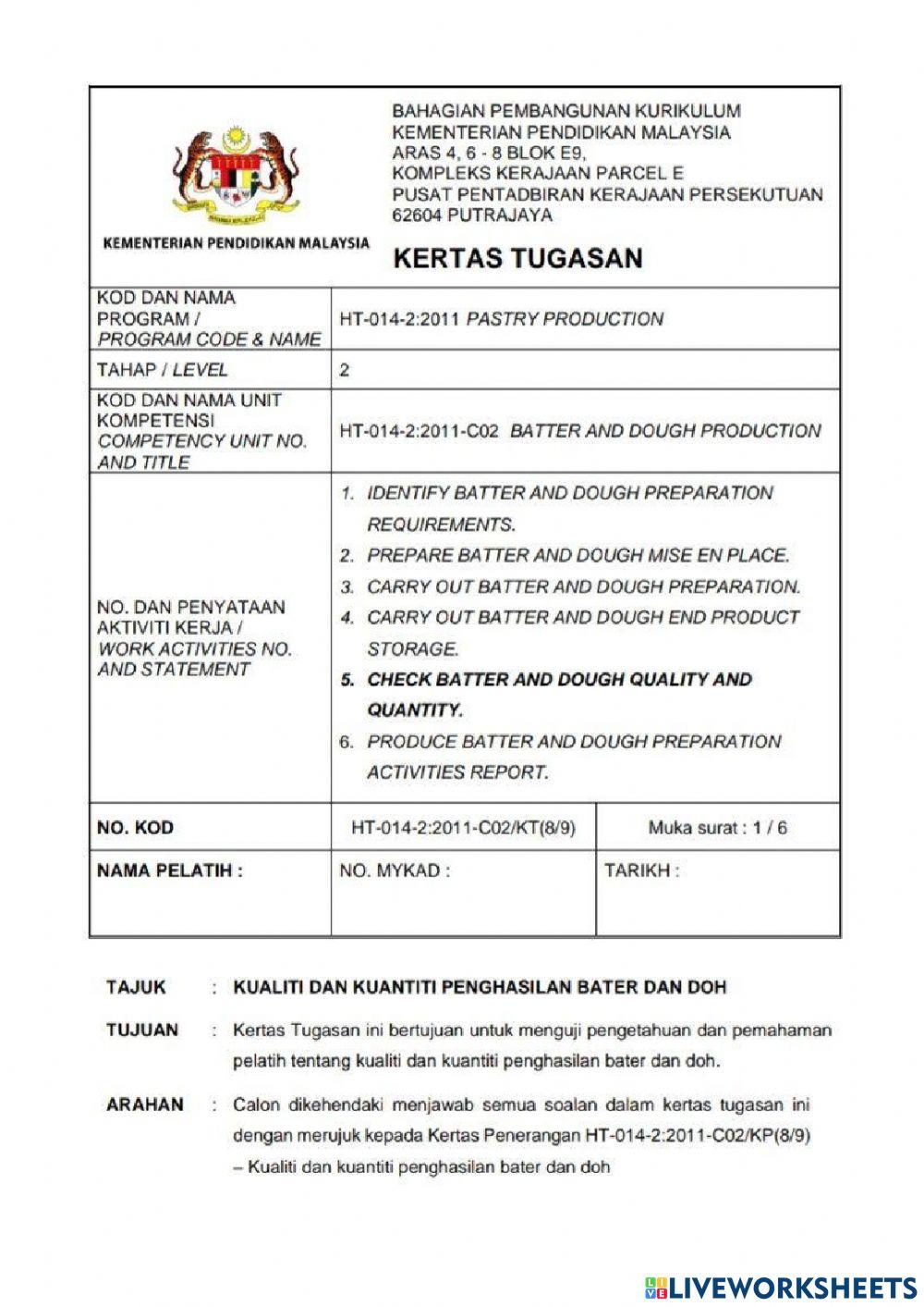 Kertas tugasan - KUALITI DAN KUANTITI bater dan doh - kvs pastri ting.5
