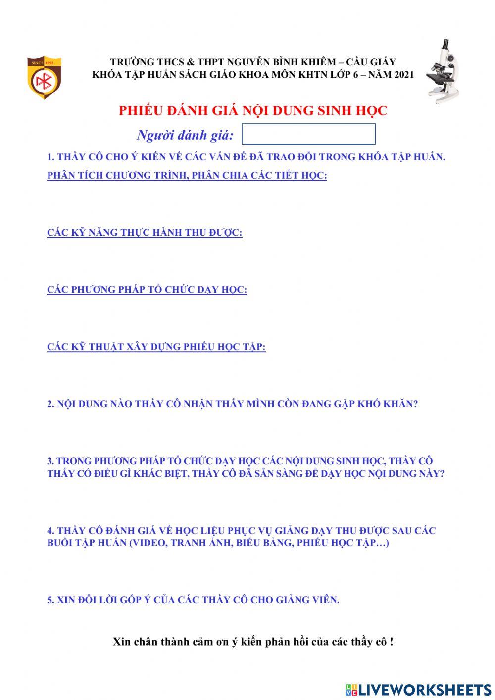 Phiếu đánh giá tập huấn