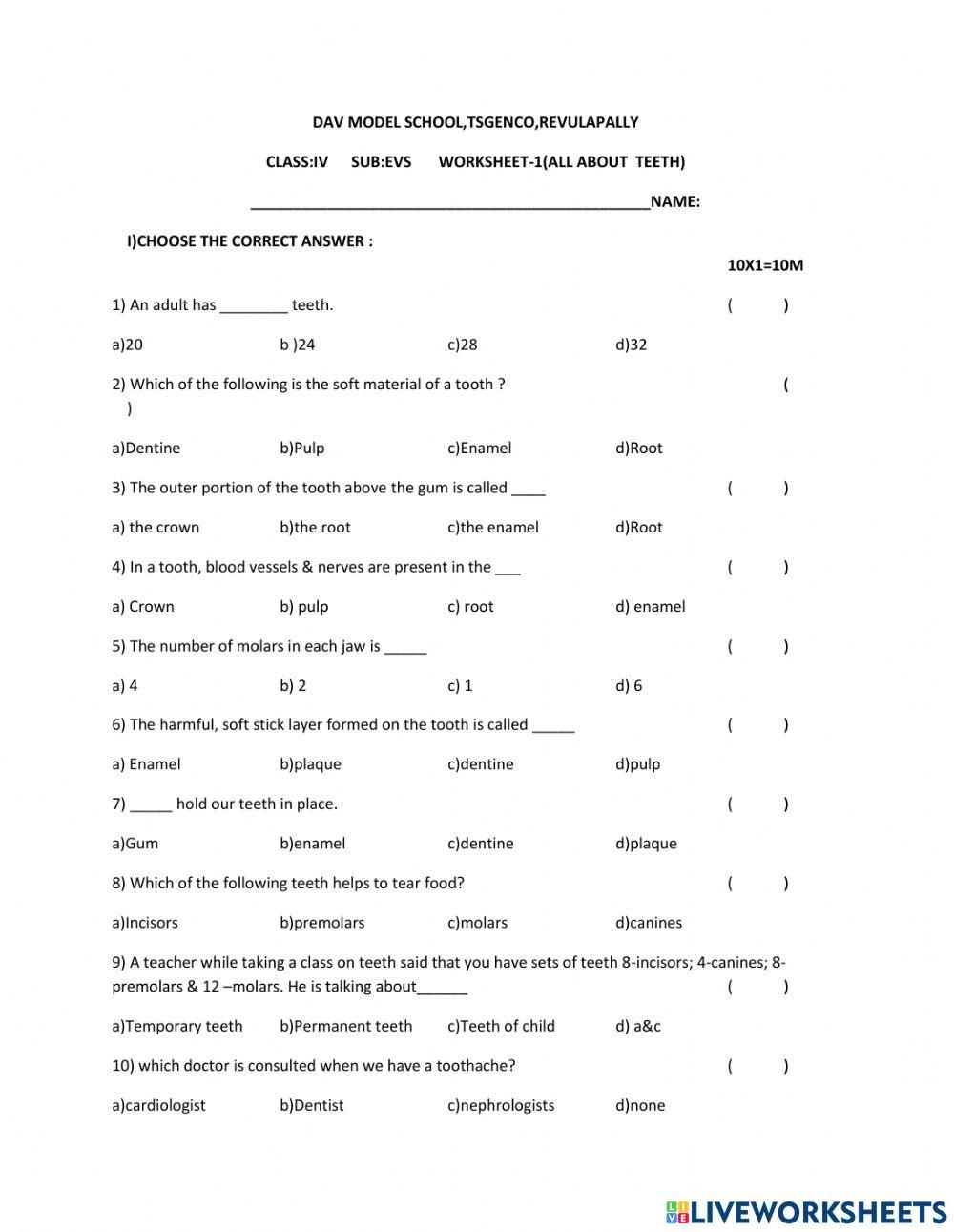 All about teeth worksheet Live Worksheets