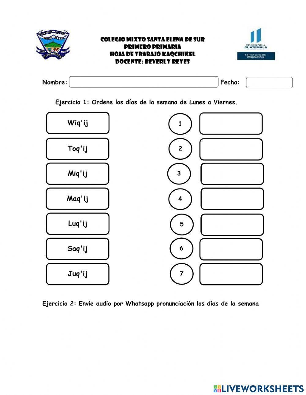 Hoja de trabajo - Días de la semana en kaqchikel