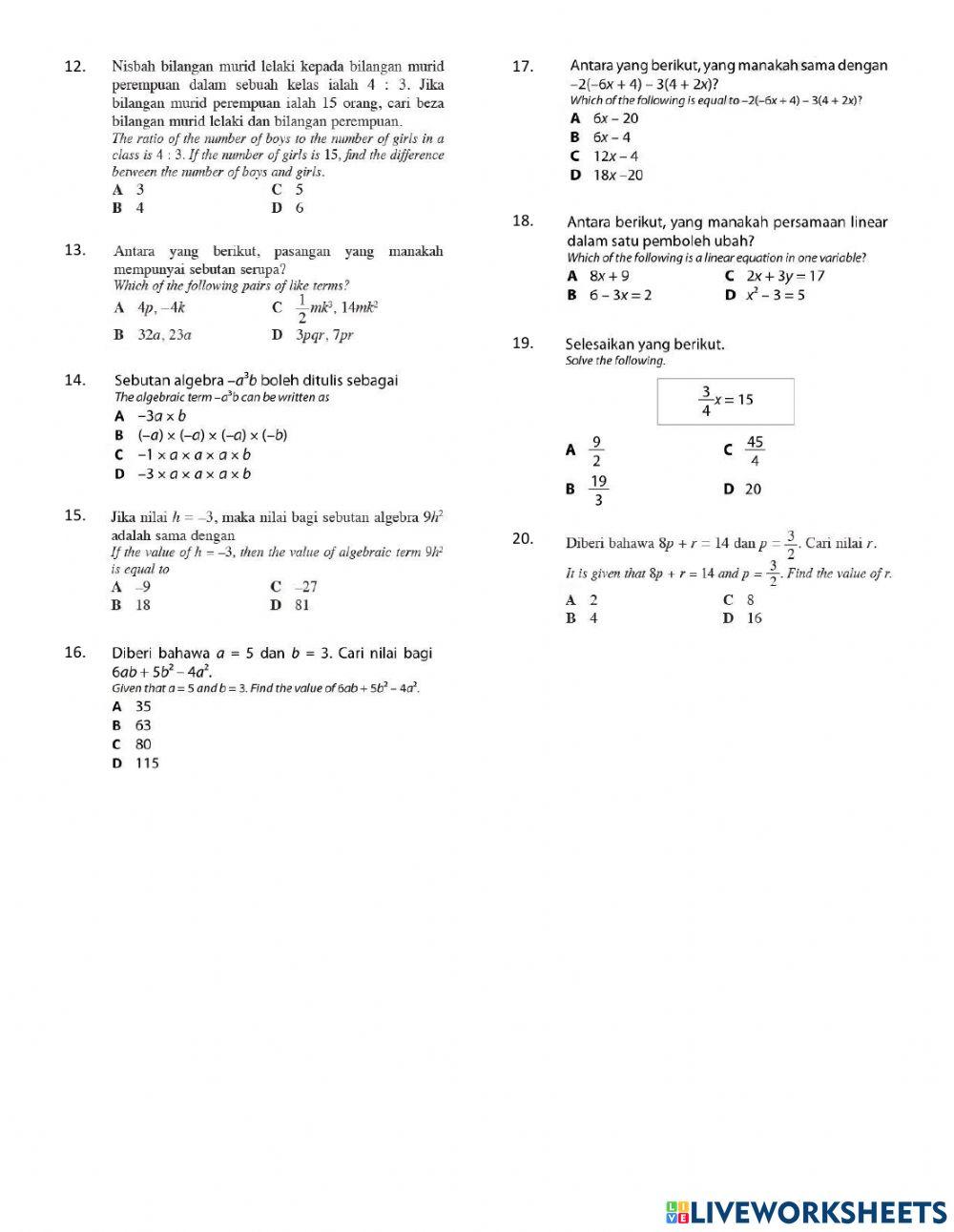 Matematik Tingkatan 1 Ujian Ogos 2021