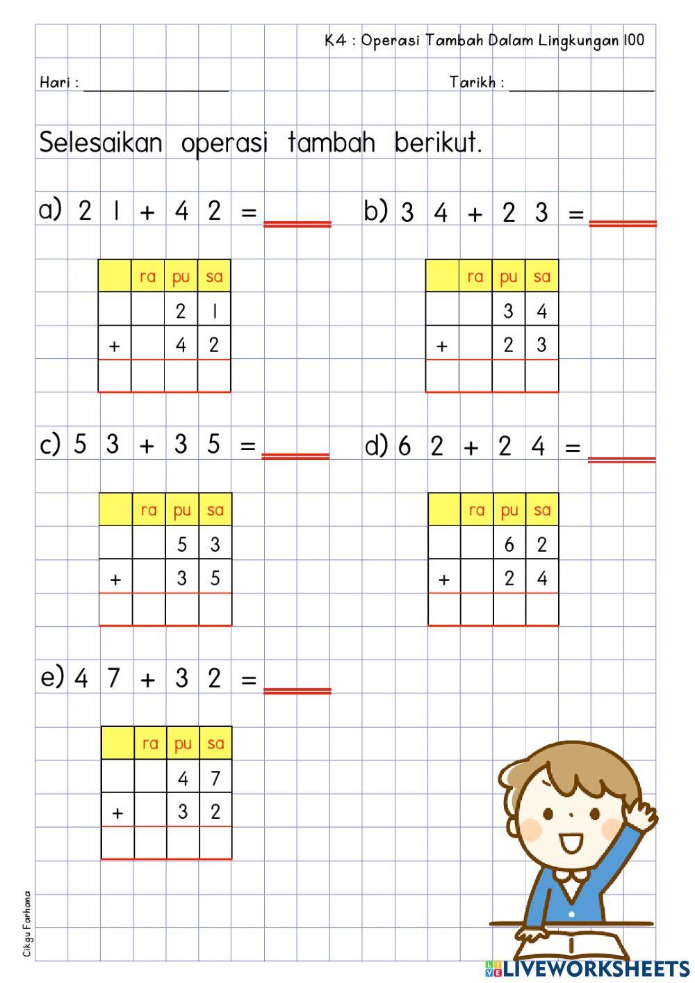 Operasi tambah dalam lingkungan 100 tanpa mengumpul semula