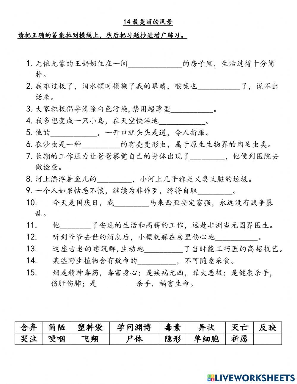 第14课最美丽的风景生字填充