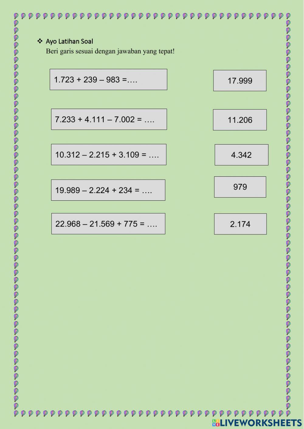 Latihan Soal Penjumlahan dan Pengurangan Bilangan Cacah
