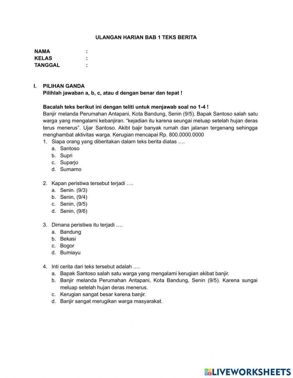 Ulangan harian bab 1 Bahasa Indonesia