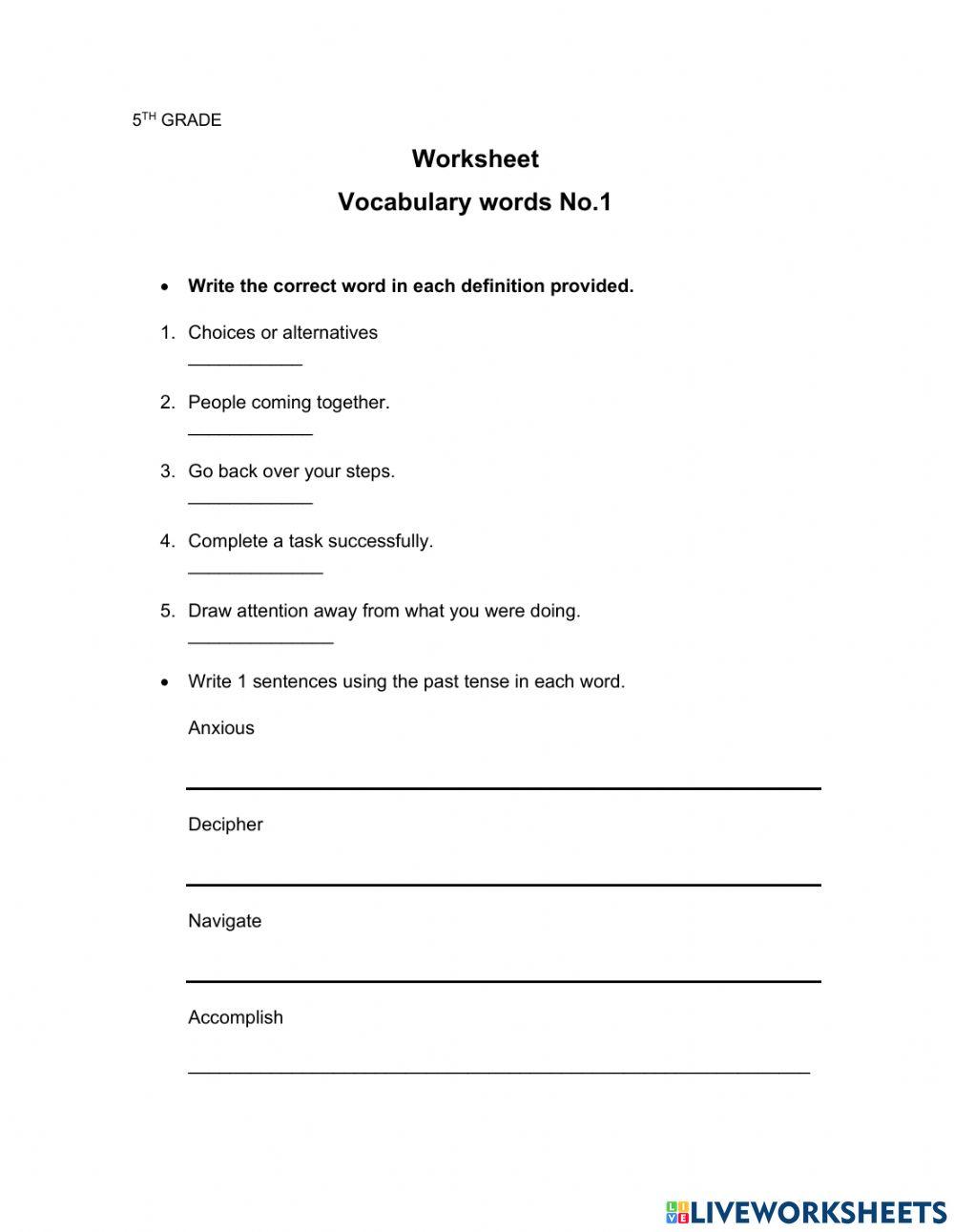 WorksheetVocabulary words No.1 (5TH GRADE) worksheet Live Worksheets