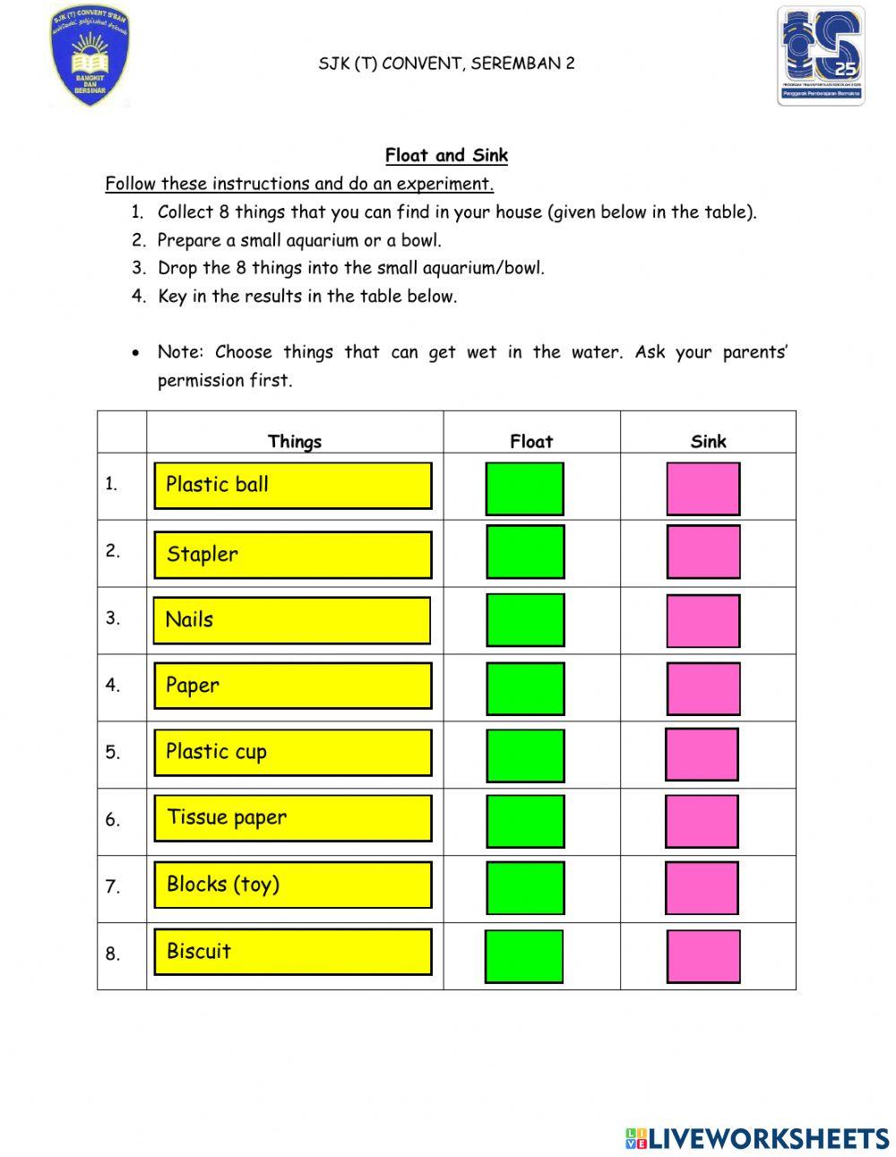 Float and sink activity Live Worksheets