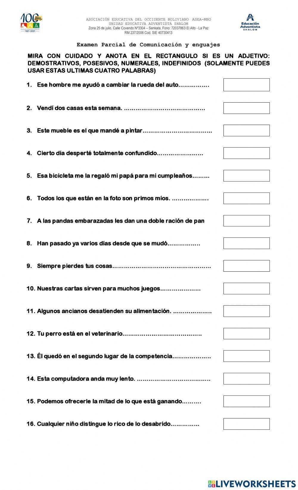 Adjetivos Demostrativos, Numerales, Indefinidos y Posesivos