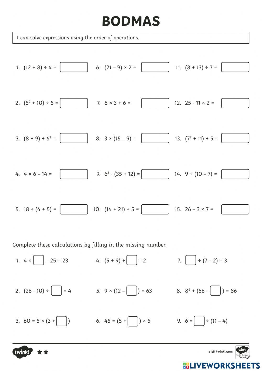 3285693 | Bodmas Worksheet 1 | Michael Teague