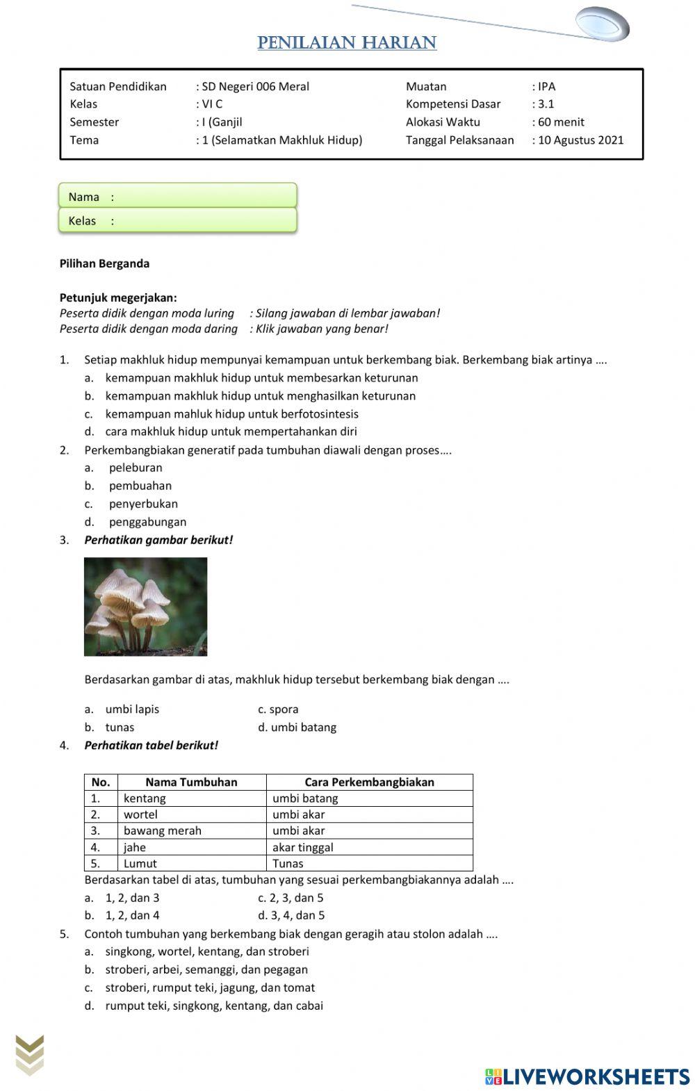 Penilaian Harian Tema 1 Muatan IPA