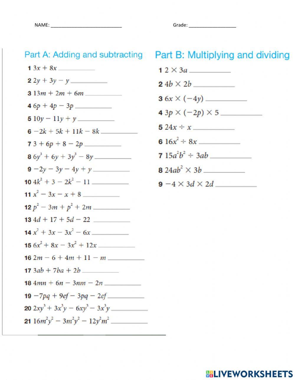 Operation on Algebraic Expression Operation on Algebraic Expression