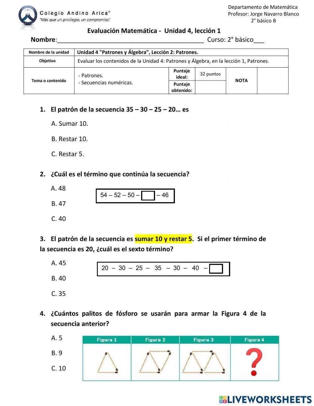 Evaluación Unidad 4, lección 1