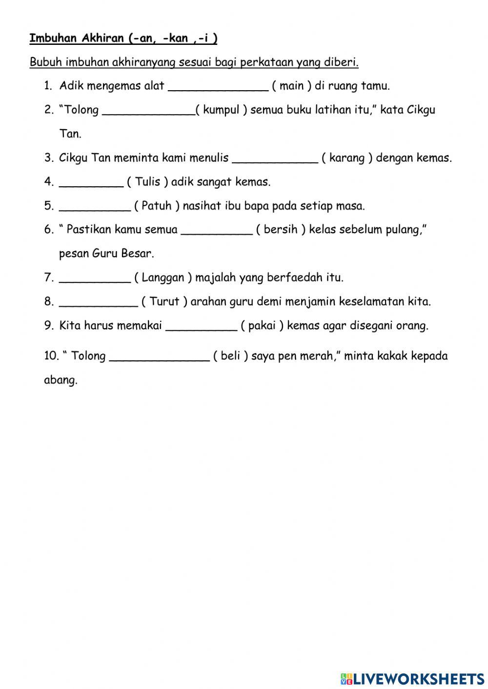 Imbuhan Akhiran online exercise for | Live Worksheets