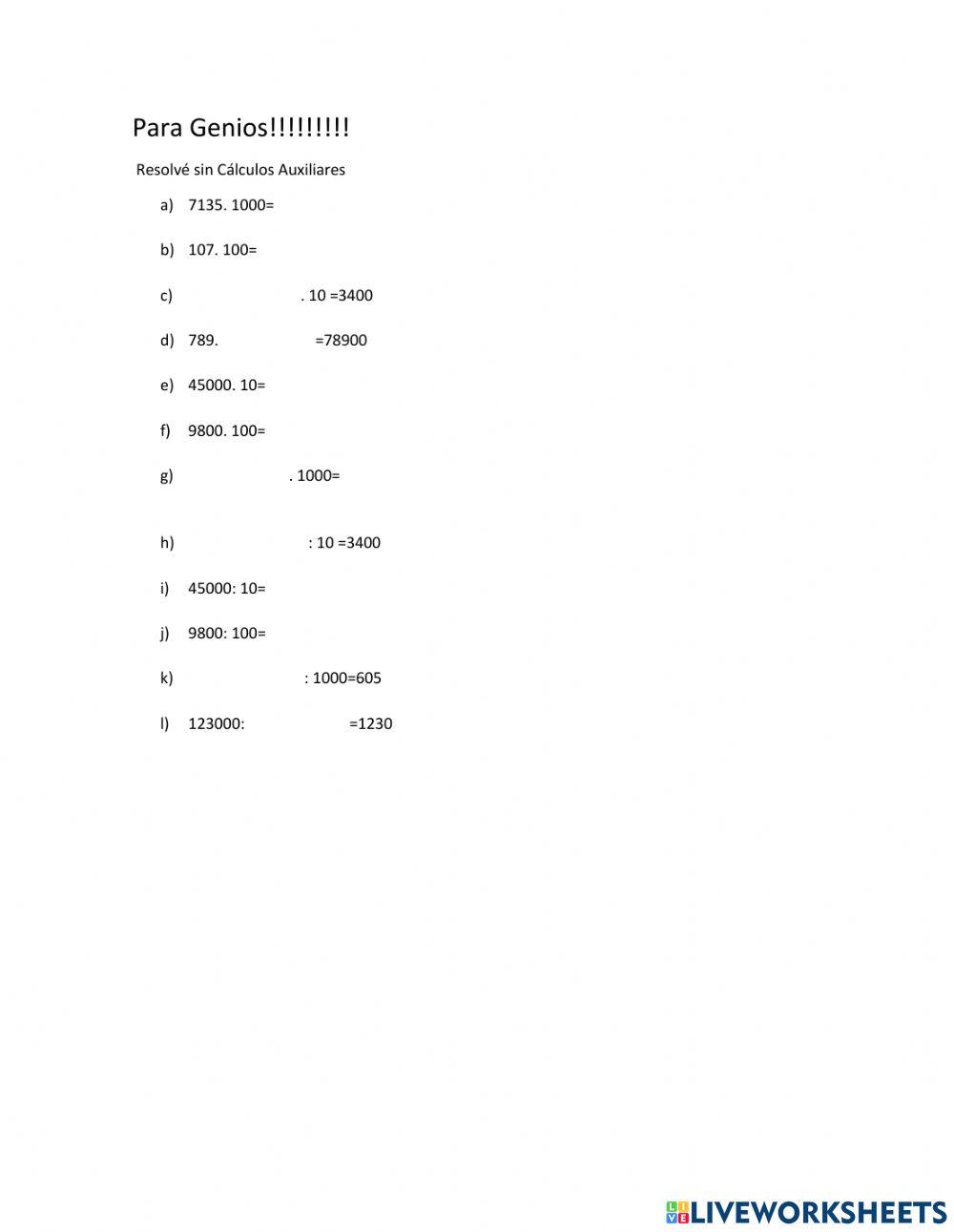 Multiplicación y división por la unidad seguida de ceros