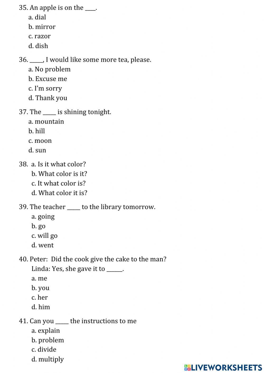 Quiz a1 worksheet live worksheets