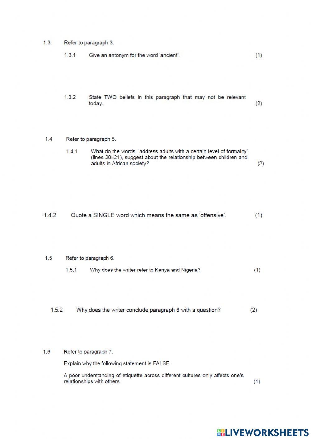 English paper 1 part 1 question 1 comprehension