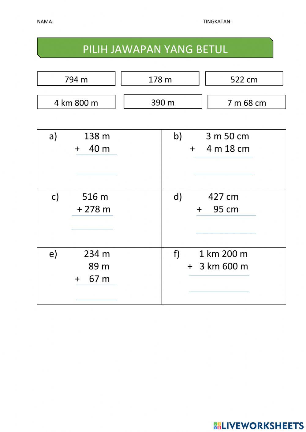 Latihan 1 Matematik (ukuran panjang)