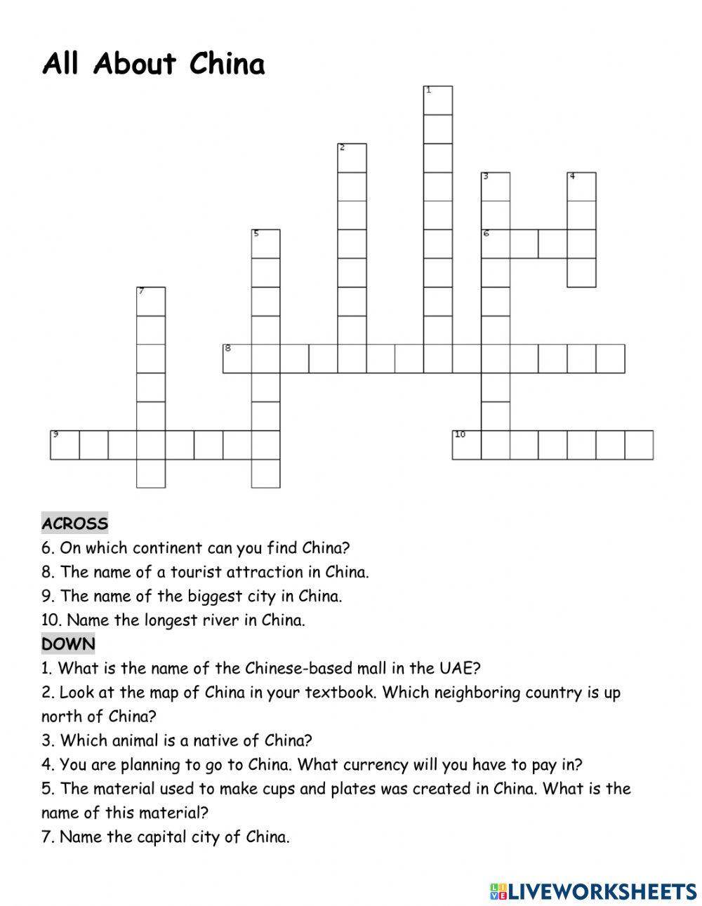Crossword Worksheet: All About China (10 Marks) online exercise for