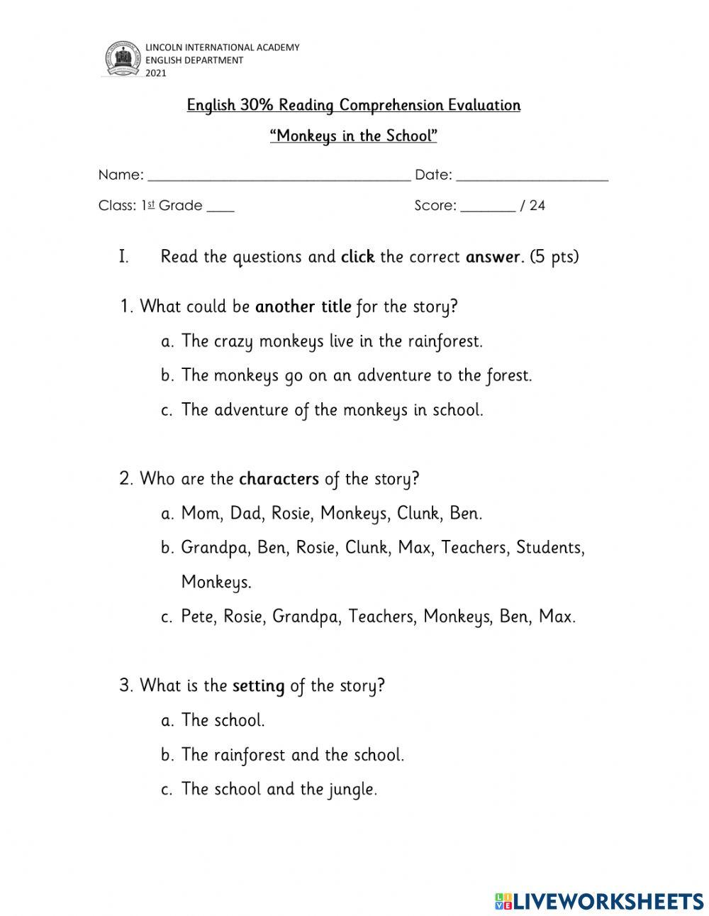 Worksheet 30- Monkeys in the school