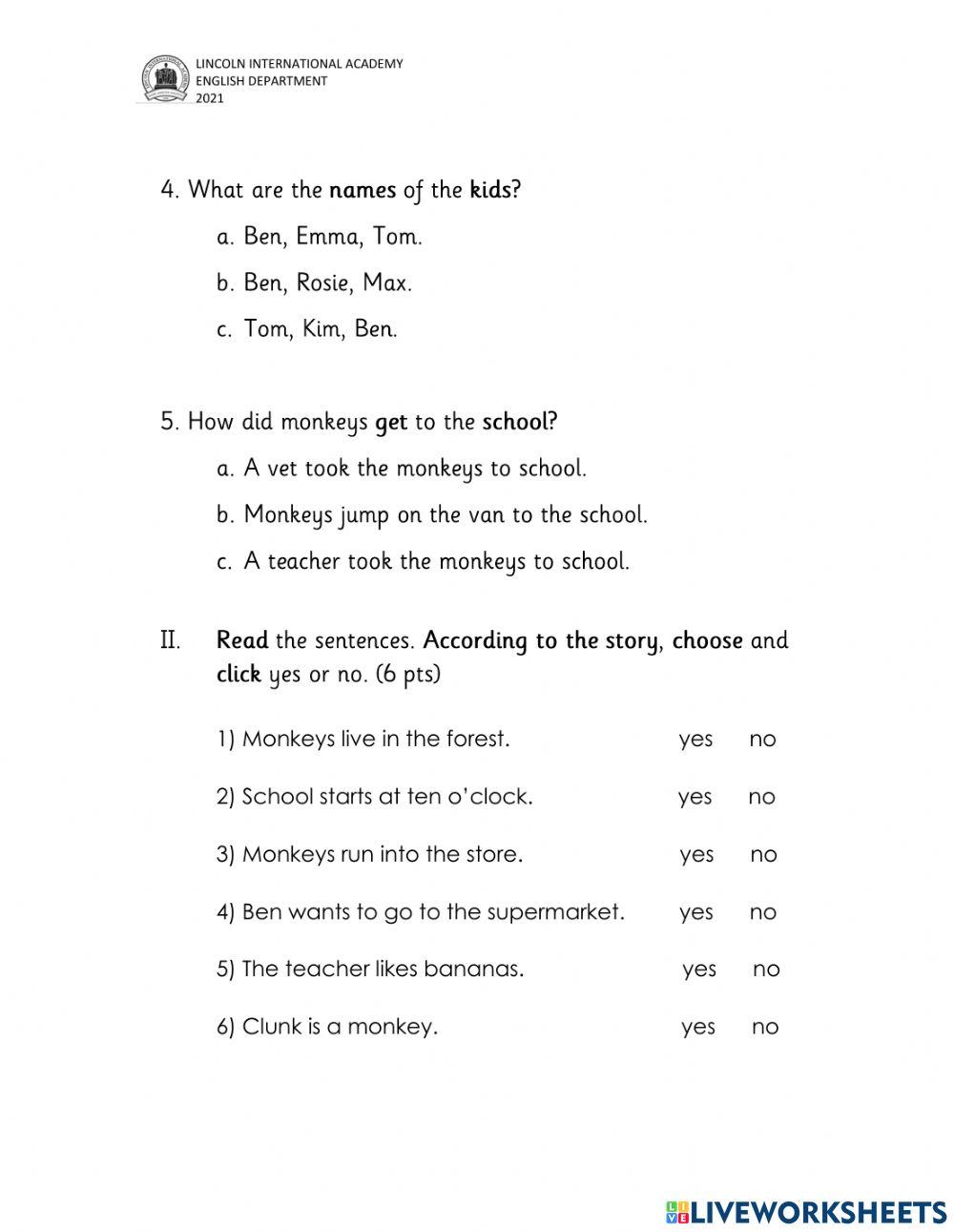 Worksheet 30- Monkeys in the school