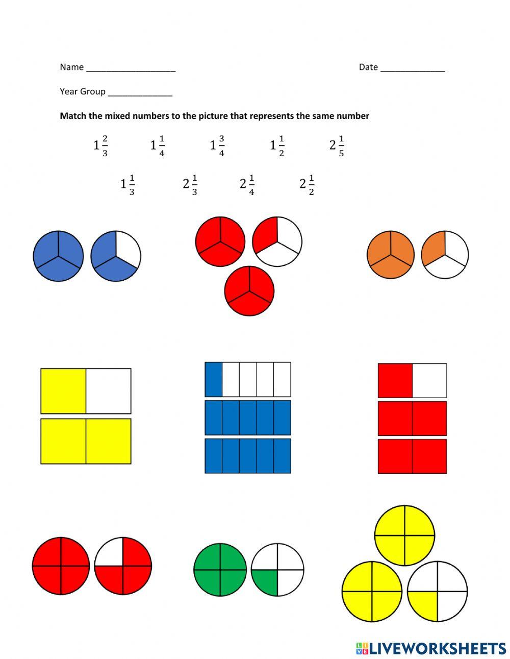 Match mixed numbers worksheet live worksheets