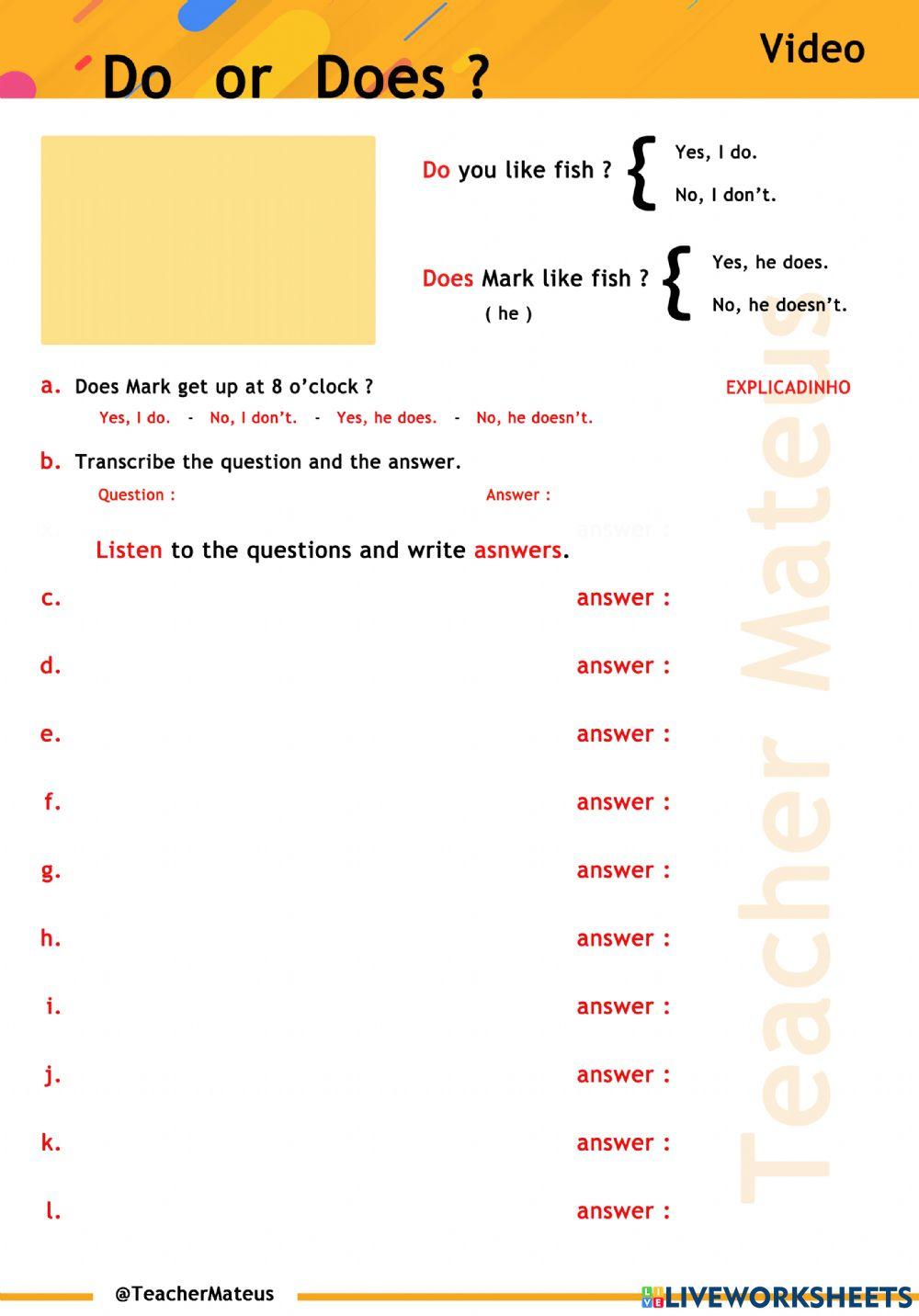 Present Simple - Video - DO or DOES - A1