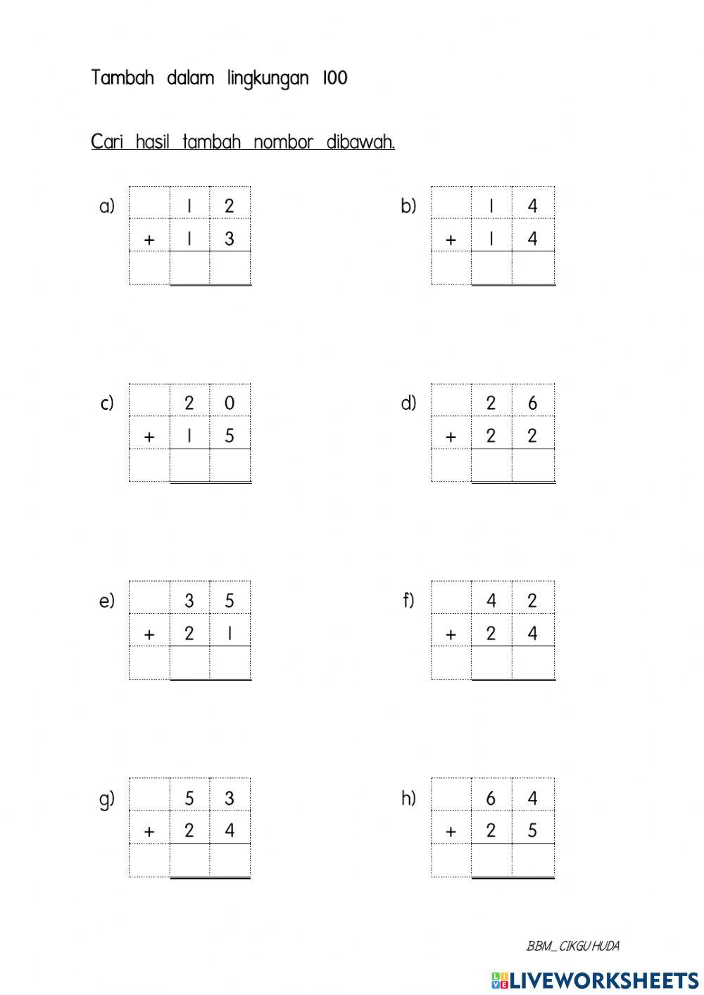 Tambah dalam lingkungan 100 tanpa mengumpul semula