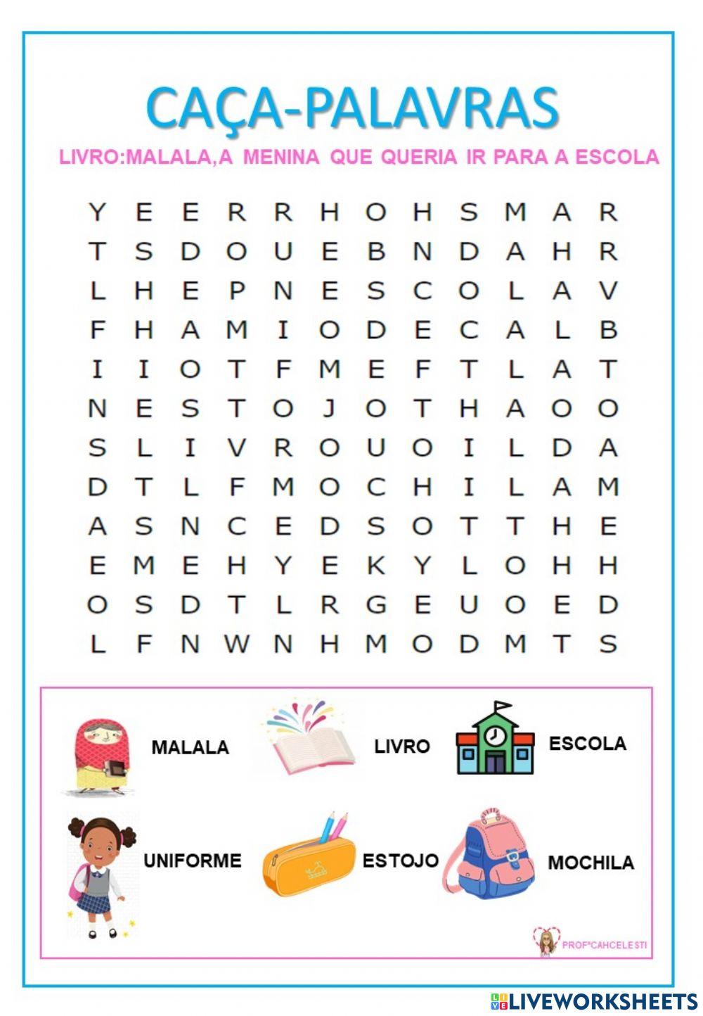 Caça-palavras: malala, a menina que queria ir para a escola