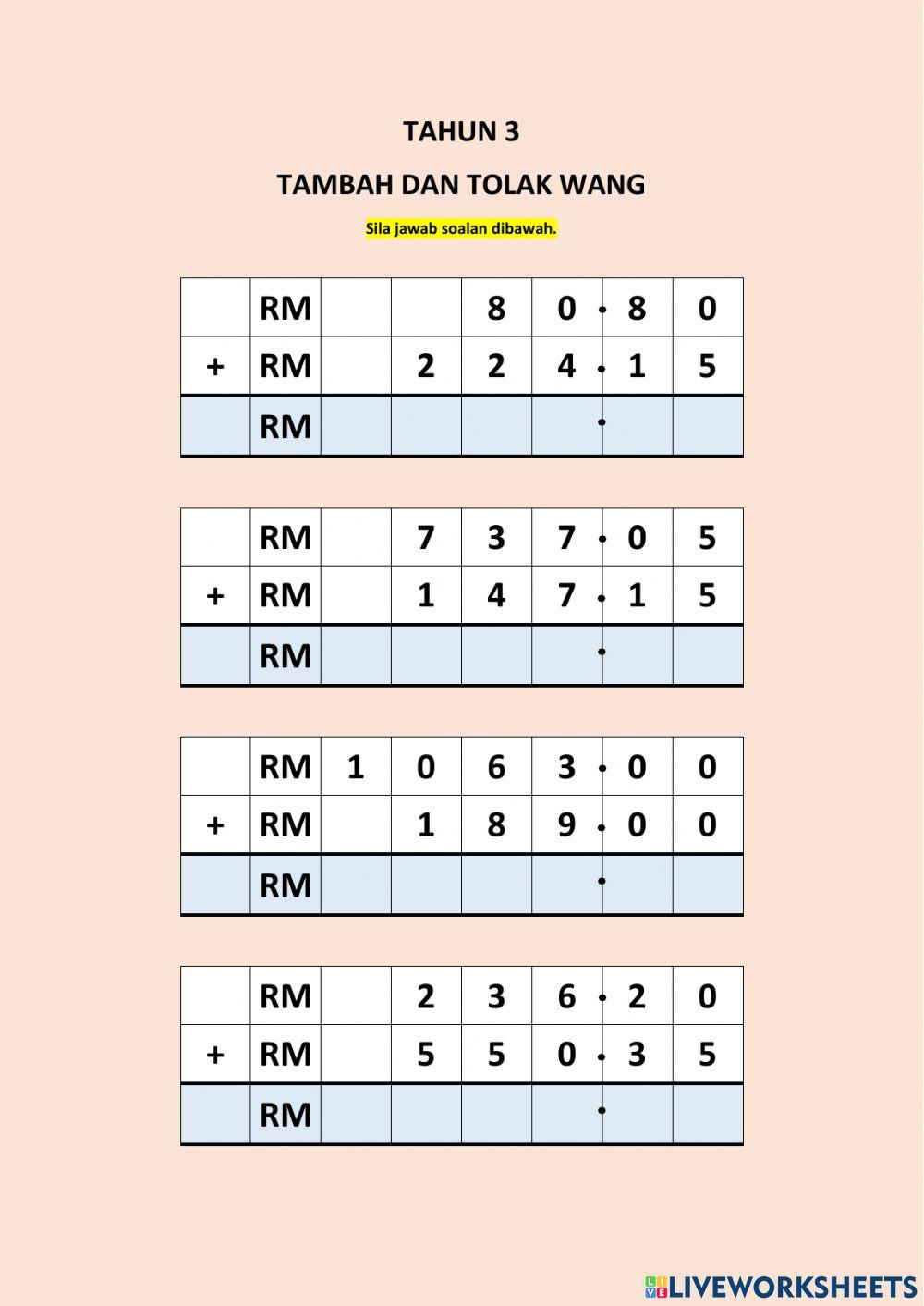 Tahun 3 tambah dan tolak wang Tahun 3 tambah dan tolak wang