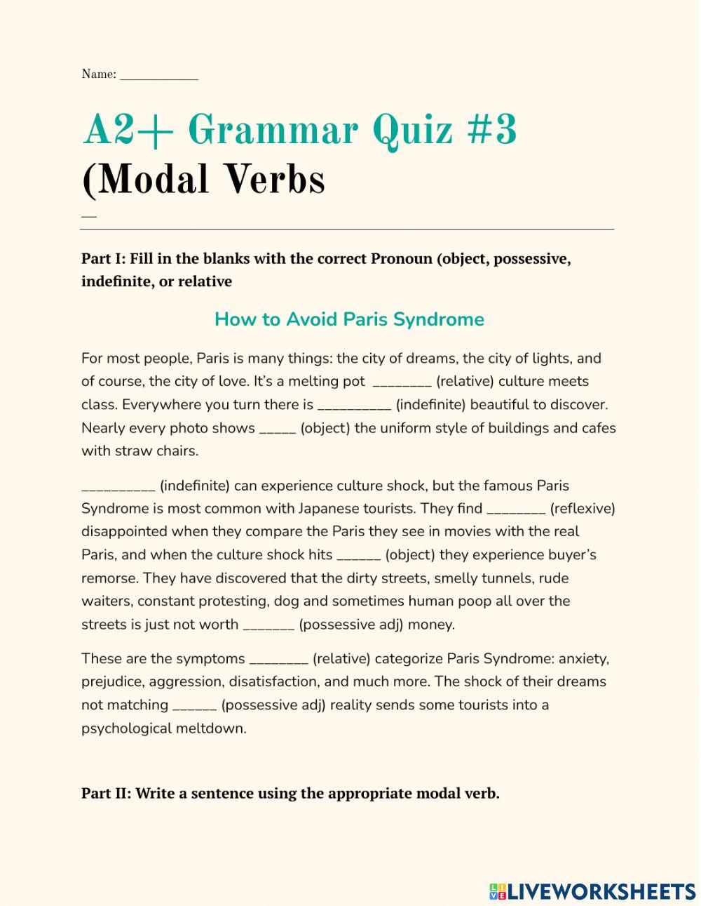 A2 Grammar Quiz Pronouns + Modal Verbs + Hotel online exercise for ...