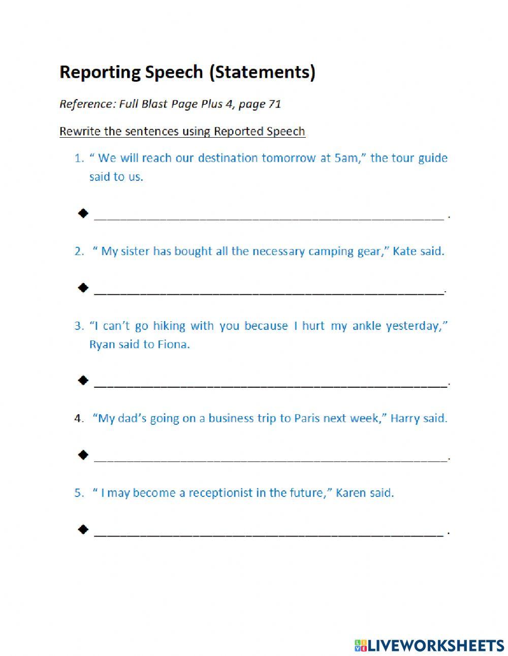 Reported Speech online exercise for 10th Grade | Live Worksheets