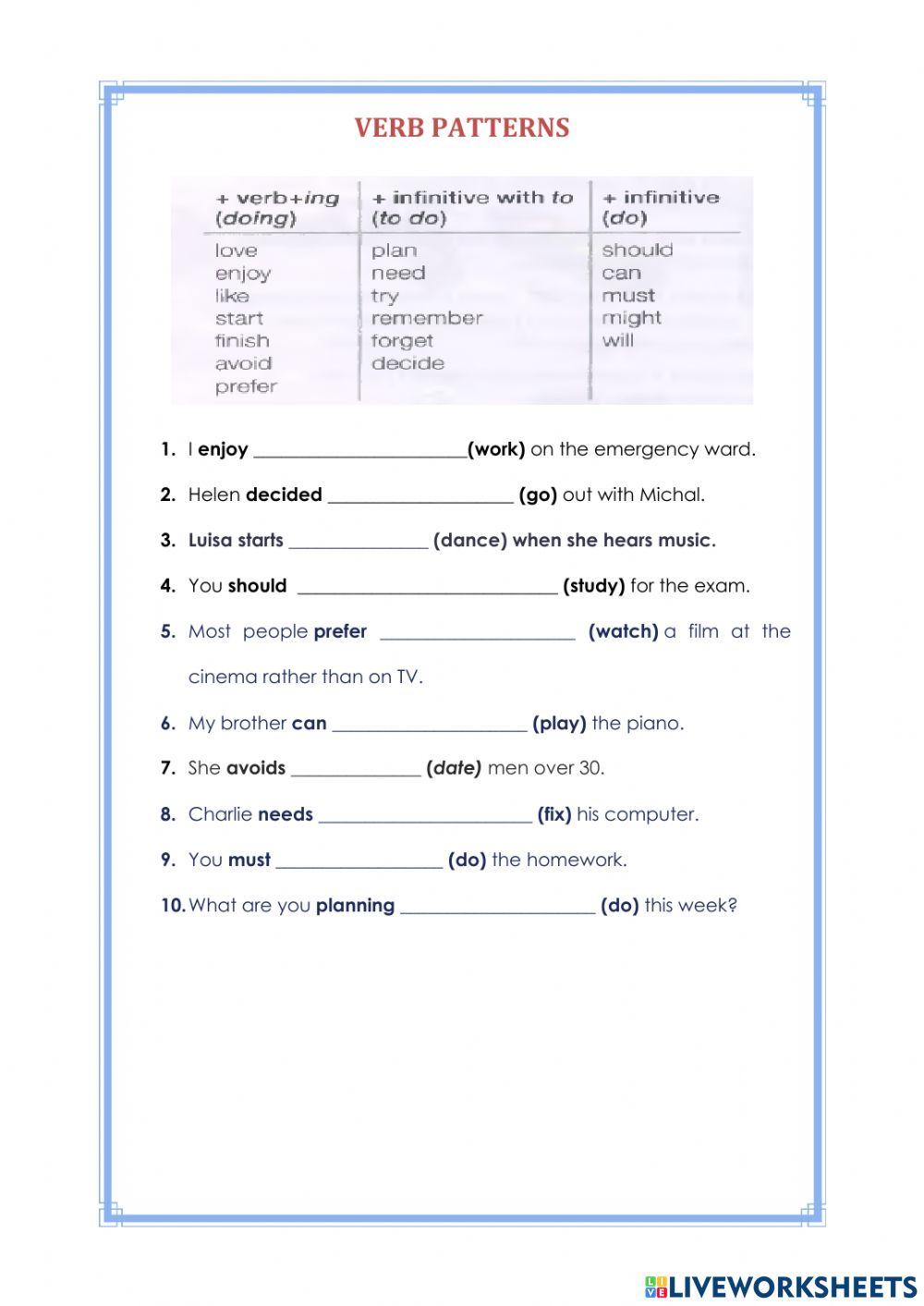 Verb Patterns activity for Bachilllerato | Live Worksheets