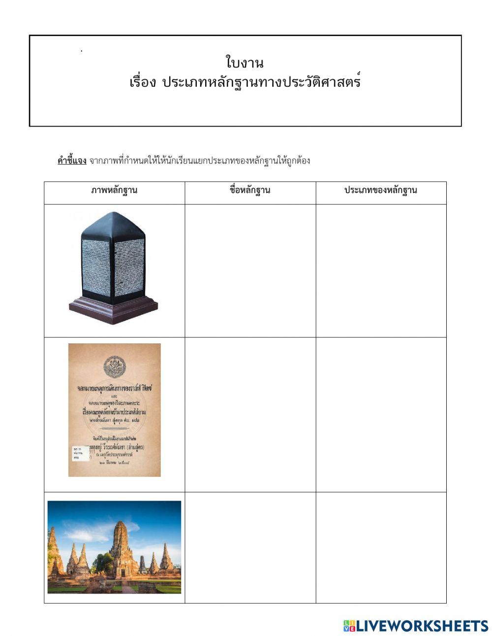 ใบงานเรื่อง ประเภทหลักฐานทางประวัติศาสตร์