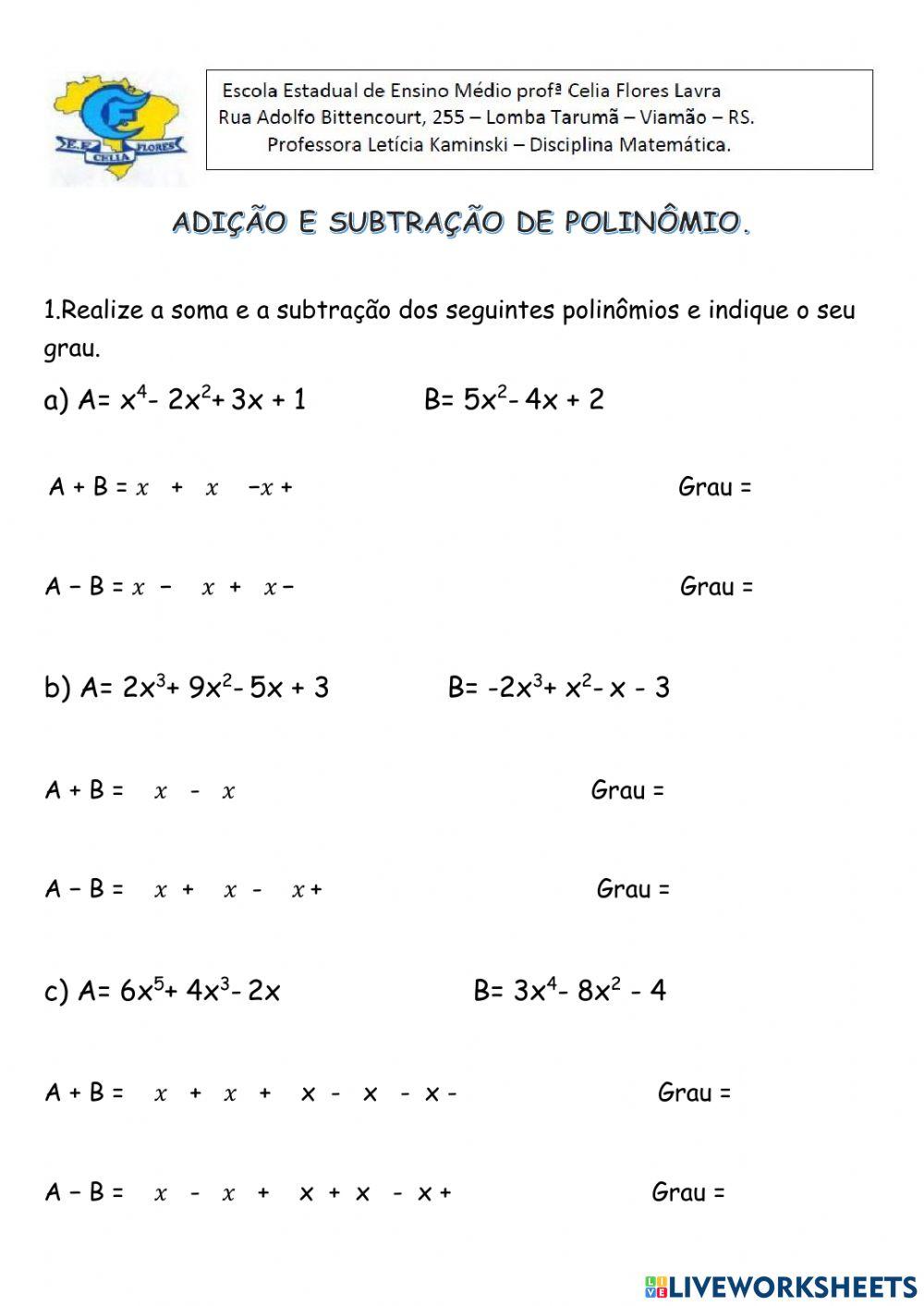 Polinômio - soma e subtração Polinômio - soma e subtração